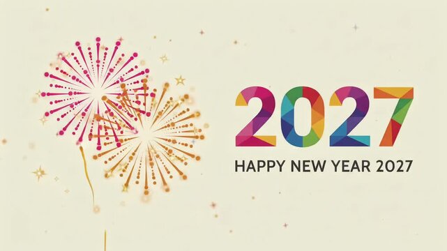2027 Happy New Year Eve Celebration Colorful Fireworks Holiday Event Greeting Motion Graphic Animation
