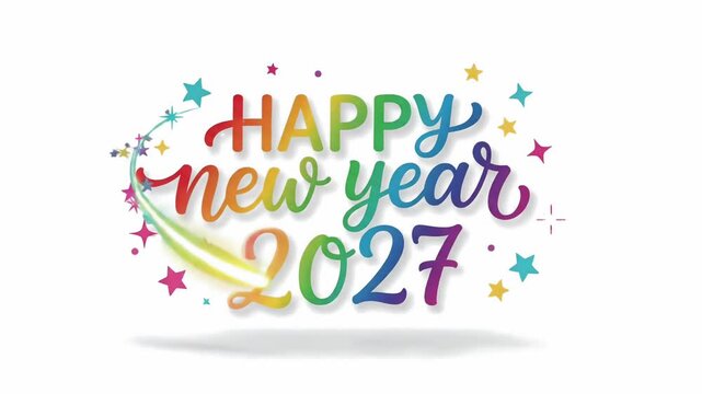 Happy New Year 2027 colorful gradient typography floating stars white background motion graphic loop
