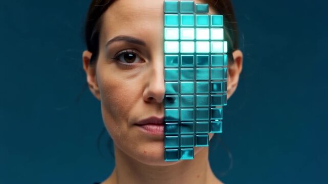 Woman portrait with illuminated digital pixel mosaic representing identity and privacy
