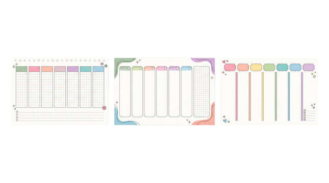 Set of three weekly planner templates with colorful pastel headers, grid columns, and decorative abstract shapes on white background