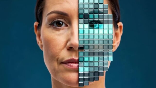 Woman portrait with illuminated digital pixel mosaic representing identity and privacy
