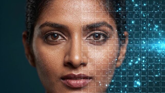 Woman portrait with illuminated digital pixel mosaic representing identity and privacy