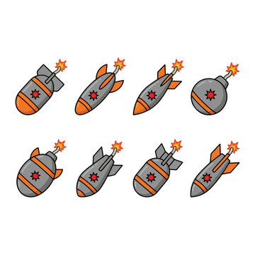 Collection of explosive bomb and missile icons with burning fuse and spark