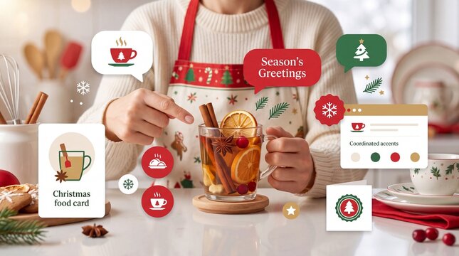 Person in a festive apron pointing at a glass mug of hot spiced holiday beverage with garnished cinnamon sticks person wearing christmas sticks orange slices themed apron holds