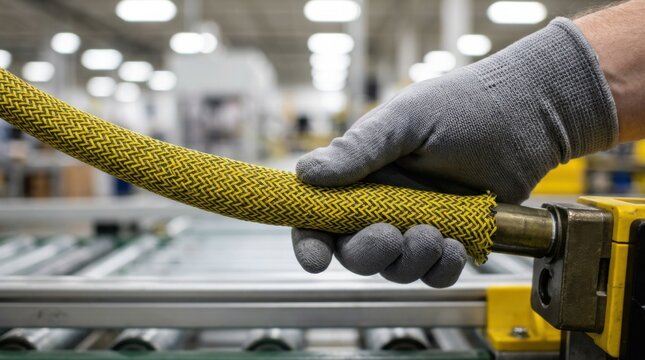 Technician gripping a braided yellow and black andon pull switch on an automated sorting conveyor in a lean manufacturing facility