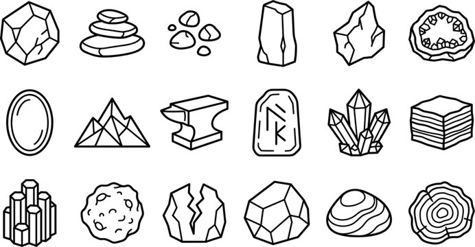 Stone and mineral icon set featuring crystals geode rock stack anvil rune pebble mountains geology outline vector symbols