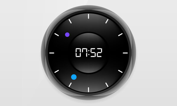 Dark circular digital smart watch face UI mockup with time display and dial indicators