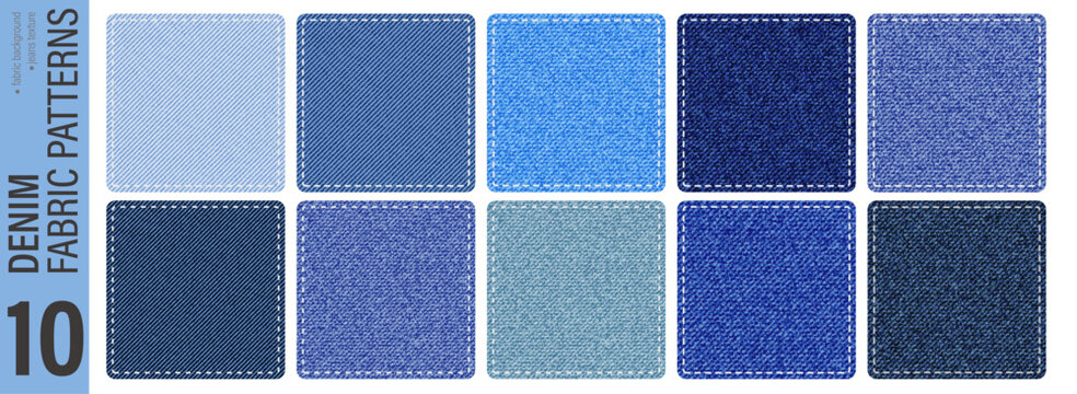 Set of denim fabric patterns in varied blue shades. Jeans texture squares with dashed stitch borders.