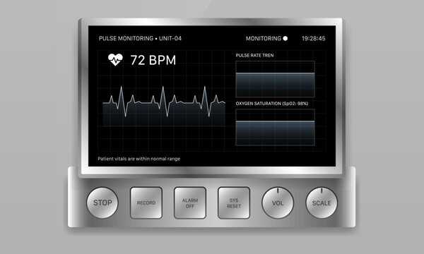 Medical patient heart pulse monitor device UI mockup with ECG waveform display and metallic buttons