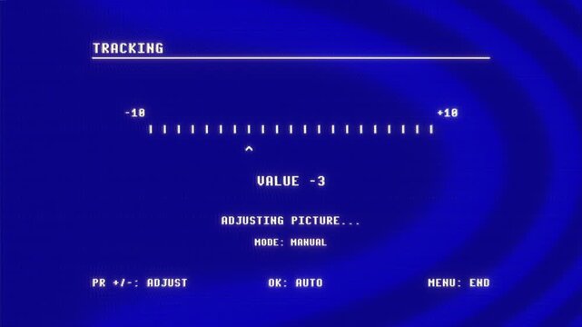 Retro VHS tracking adjustment menu on blue screen with value scale and adjusting picture status. Nostalgic analog calibration interface for 1980s tech and restoration themes.