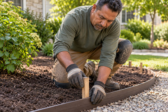 Landscape worker placing a garden edging stake