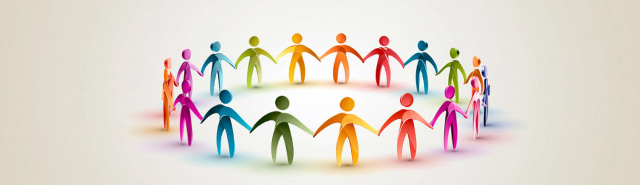 Colorful paper cutout figures holding hands form a circle, symbolizing unity, teamwork, and community support.