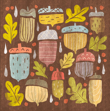 Stylized autumn pattern features colorful acorns and oak leaves