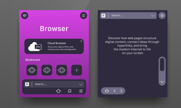 Mobile web browser app UI mockup with start page and search view screens