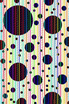 Abstract colourful pattern features black circles and vertical lines