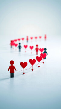 Paper figures holding connected heart shapes, symbolizing love, connection, and unity in a blurred, minimalistic background.