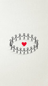 Stick figures hold hands in a circle around a red heart, symbolizing unity, love, and community.