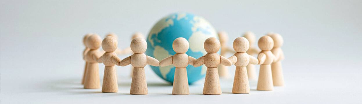 Wooden figures holding hands in a circle around a globe, symbolizing unity, global connection, and teamwork.