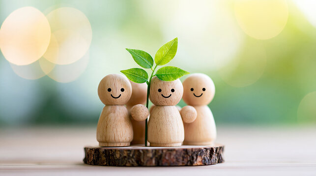Three wooden figurines with smiley faces stand on a wooden slice, holding a small green plant, symbolizing growth, community, and environmental care.
