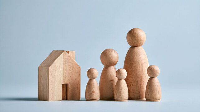 Wooden figurines representing a family stand next to a wooden house model on a neutral background.