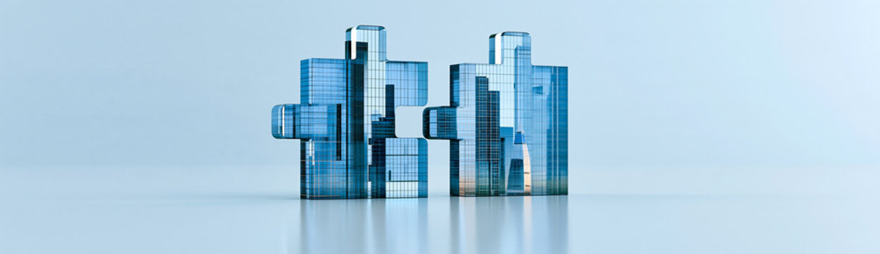 Two interconnected, stylized glass buildings reflect modern architecture on a smooth, reflective surface against a pale blue background.