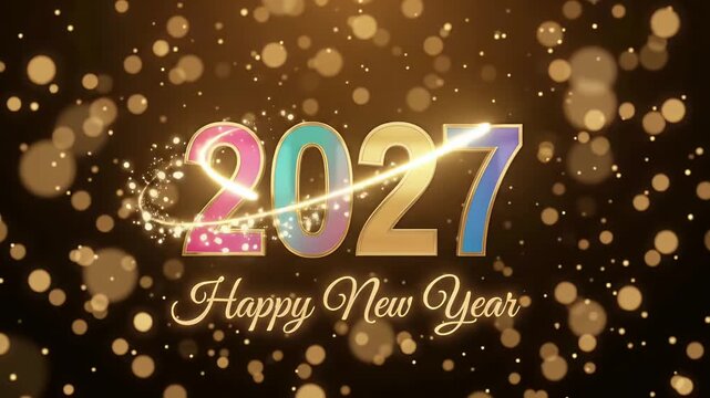 2027 Happy New Year Eve Celebration Gold Bokeh Particles Glowing Text Holiday Greeting Motion Graphic Loop
