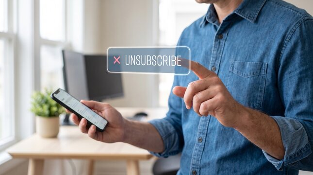 Professional Man Touching Floating Unsubscribe Hologram Button while Holding Smartphone in Bright Modern Home Office