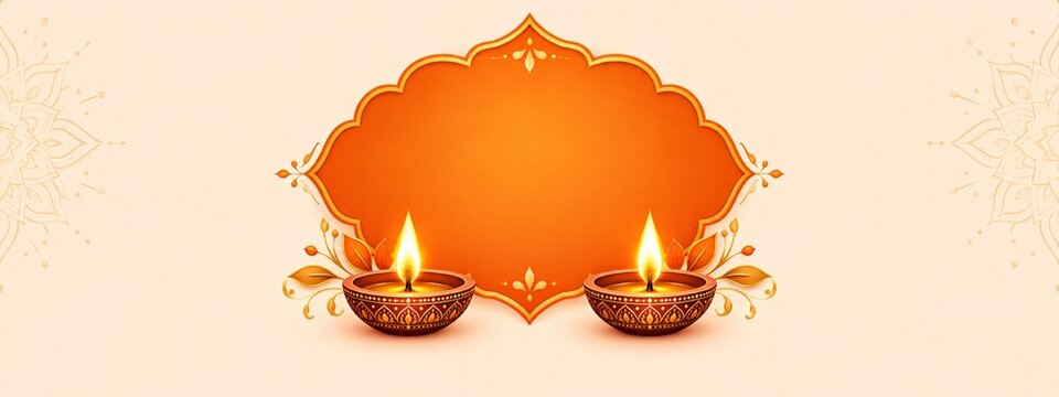 Two glowing diya oil lamps flank an orange decorative frame isolated against a soft light peach