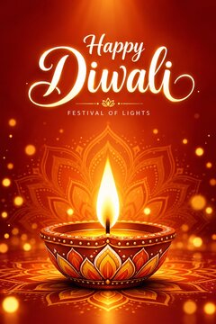 Lit clay oil lamp with a burning flame set against a festive golden background for the hindu diwali