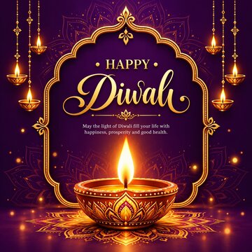 A glowing diya lamp illuminates a festive purple diwali background with ornate golden frame