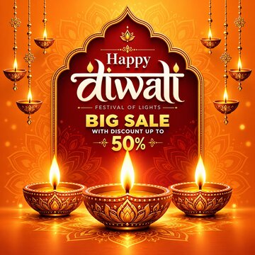 Diwali festival big sale banner with glowing traditional clay oil lamps