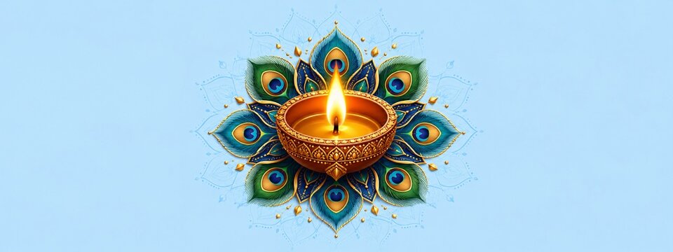 Traditional glowing diya lamp centered on a decorative peacock feather mandala with festival