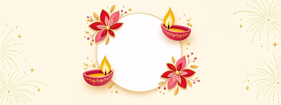 Diwali oil lamps with floral decorations on a soft cream background celebration festival cultural