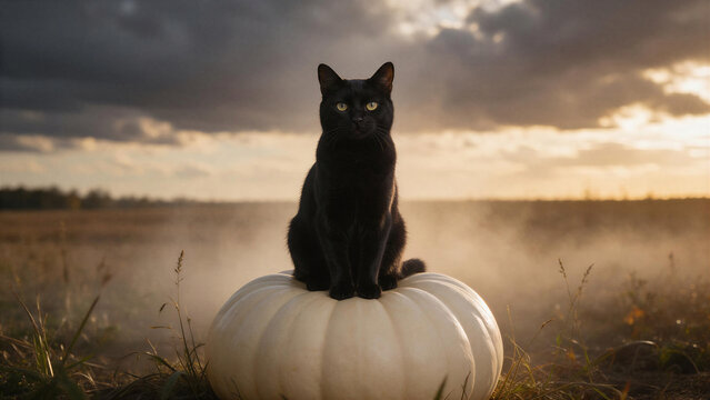 Panoramic cinematic view of a black cat sitting on a pumpkin in a foggy autumn field at dramatic sunset for Halloween holiday.