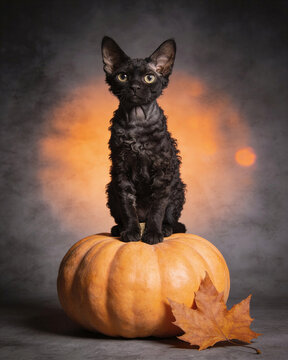 A unique curly-coated black cat sitting on a pumpkin with an autumn leaf on a studio background with glowing orange light for Halloween.