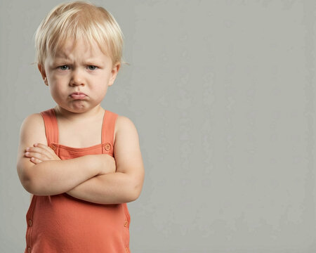 Sulking toddler in coral overalls with arms crossed and a pouting frown on gray background, funny concept of tantrum, stubbornness and parenting, with copy space