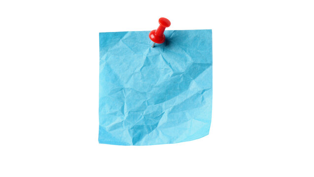 Crumpled light blue square sticky note attached with a red plastic push pin
