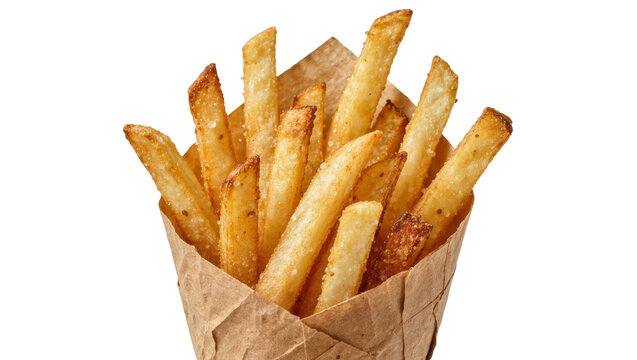 Golden crispy salted french fries in a rustic brown paper cone