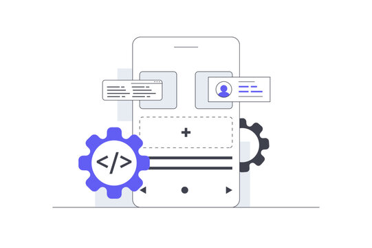 UI UX Design Mobile Wireframe and App Interface Prototyping. Smartphone Screen Wireframe Layout with Code Tags Settings Gear and User Profile. Flat Cartoon Vector Illustration, icon Stylish abstract 