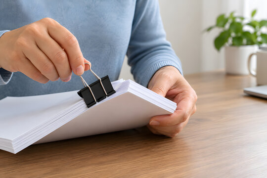 Hands clipping blank paper with a black binder clip