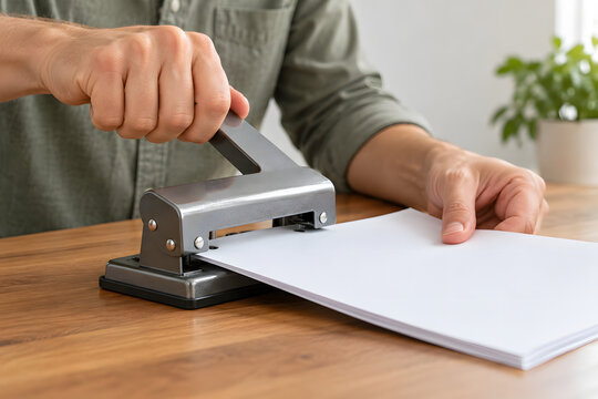 Hands punching holes in blank paper with a desk punch