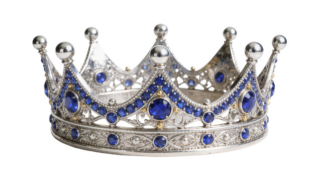 Ornate silver crown decorated with blue sapphire gemstones and metal filigree