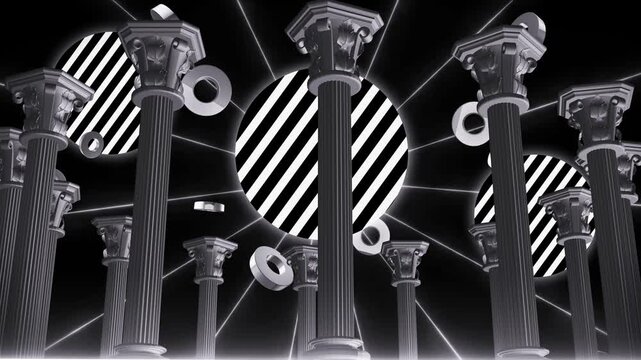 Low angle view of columns with striped circles and light line web