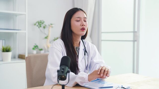Asian female doctor recording medical podcast with microphone in bright clinic office, talking and reviewing patient chart