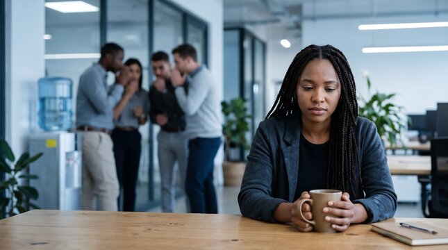 Sad woman feeling excluded while coworkers gossip in office