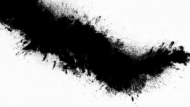 Black ink particles spread diagonally across a plain white field. Title sequences, film intros, and artistic transitions.