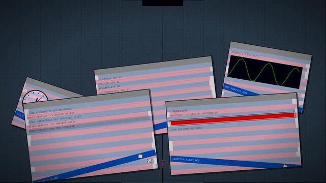 Retro Desktop Collapse to Reveal a Glowing Malware Icon