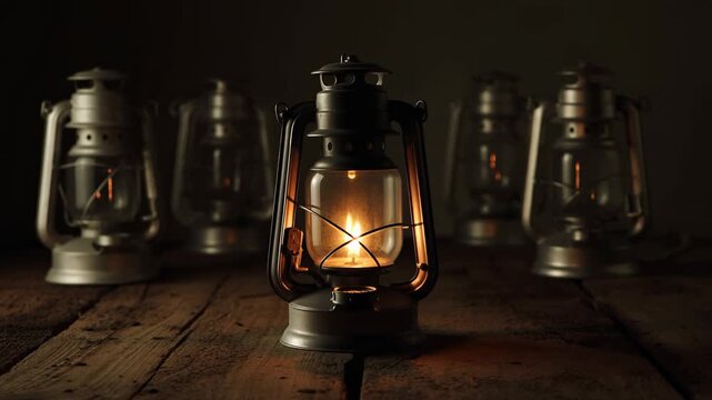 Glowing oil lanterns illuminate a weathered wooden table in a dark rustic setting. Camping promotion, emergency preparedness campaigns, and outdoor lifestyle advertising.