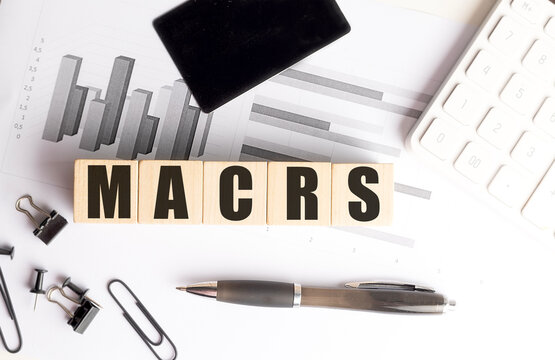 Macrs tax depreciation concept with financial charts, calculator and office supplies illustrating asset recovery and accounting