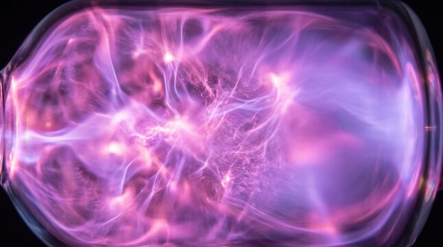 Swirling pink and violet plasma glowing inside hydrogen gas discharge tube, close-up of ionized gas energy for physics and science